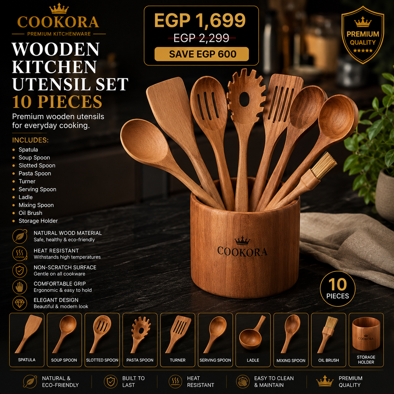 Cookora Wooden Kitchen Utensil Set – 10 Pieces