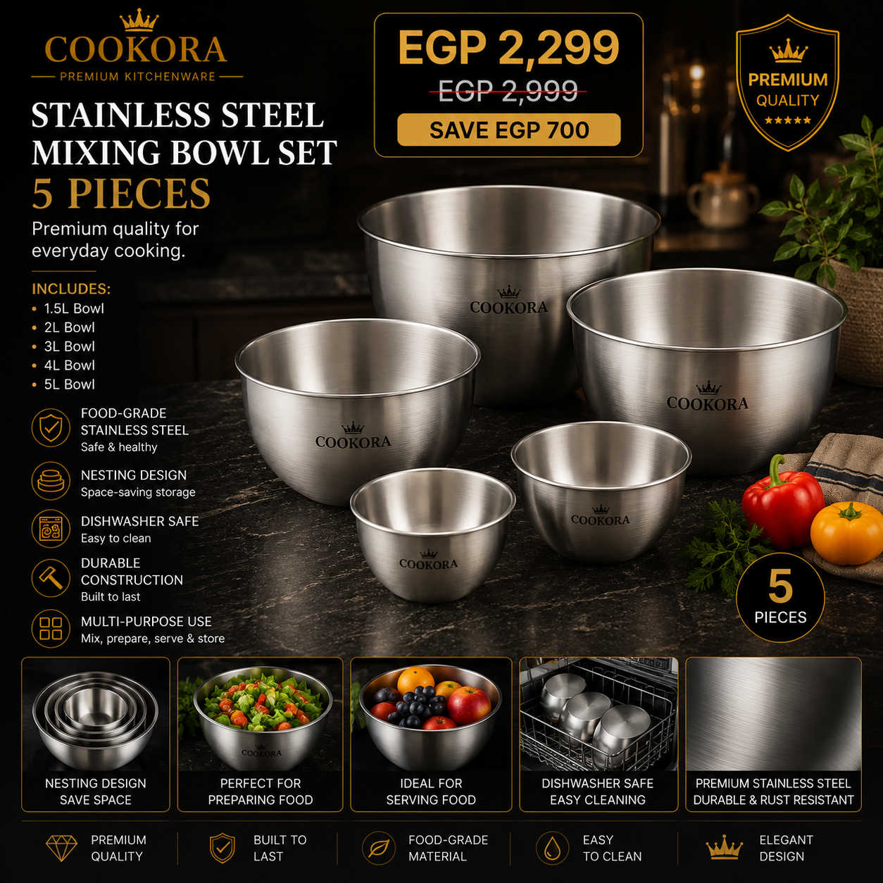 Cookora Stainless Steel Mixing Bowl Set – 5 Pieces
