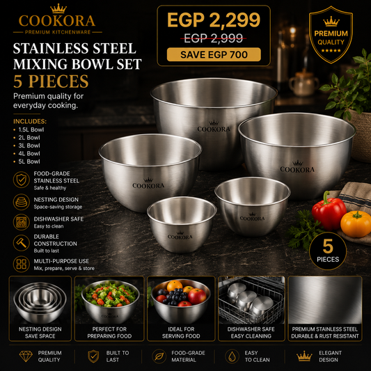 Cookora Stainless Steel Mixing Bowl Set – 5 Pieces