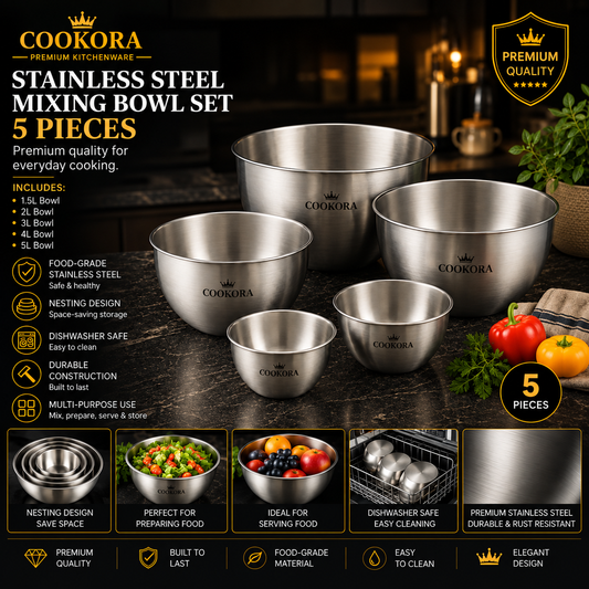Cookora Stainless Steel Mixing Bowl Set – 5 Pieces