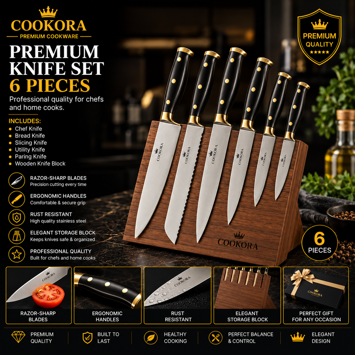 Cookora Premium Knife Set – 6 Pieces